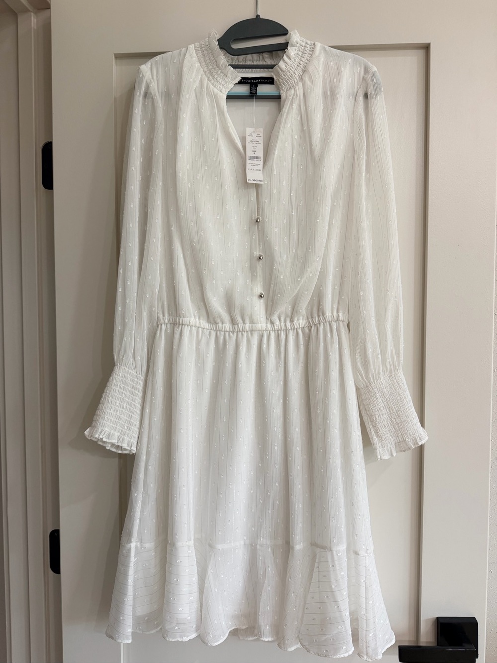 WHBM White Long-Sleeve Swiss Dot Midi Dress